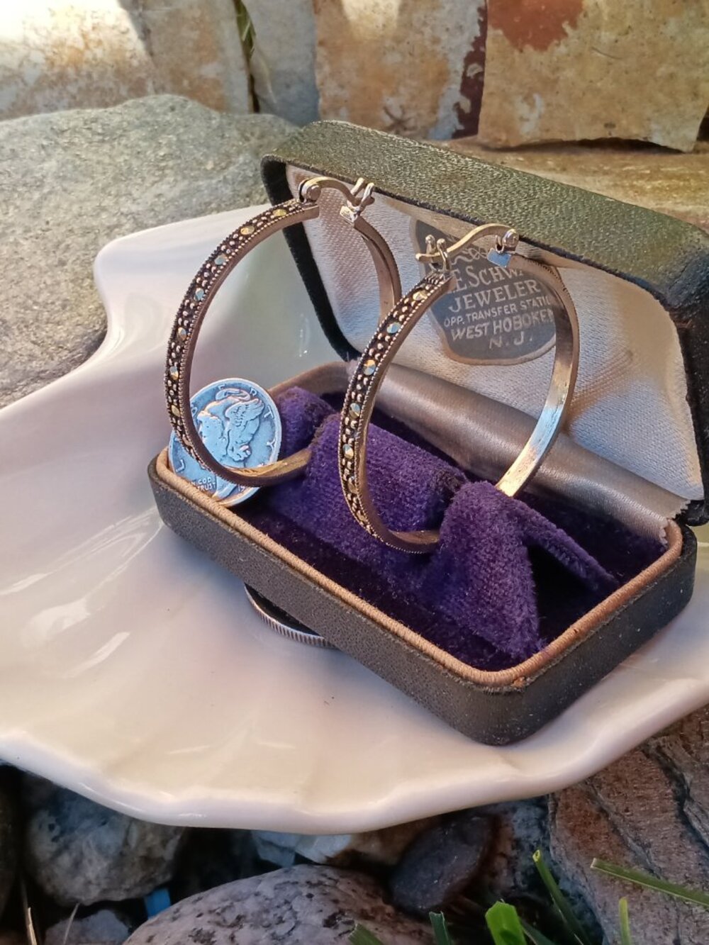 Large Sterling & Marcasite Hoops - Picture 2 of 4